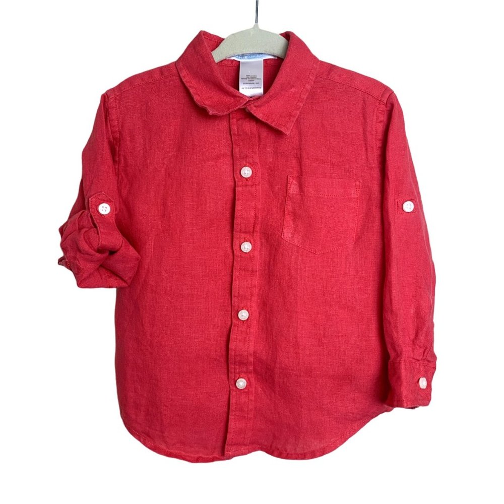 Janie and Jack Red Linen Casual Button Down Shirt Boys 18-24 Months